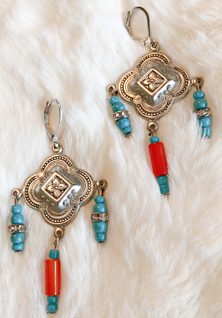 SAN PABLO EARRINGS Etched Silver Cross Rhinestone Turquoise & Coral Silver Earrings