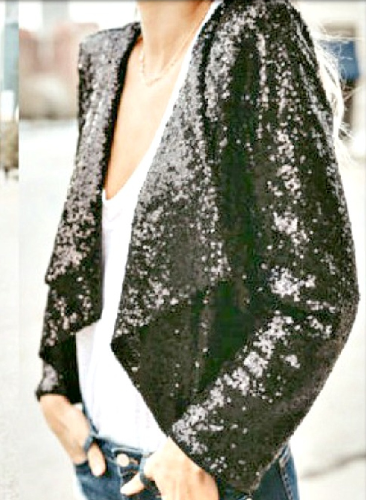 TOUCH OF GLAM JACKET Sequin Long Sleeve Open Front Jacket ONLY BLACK M/L LEFT