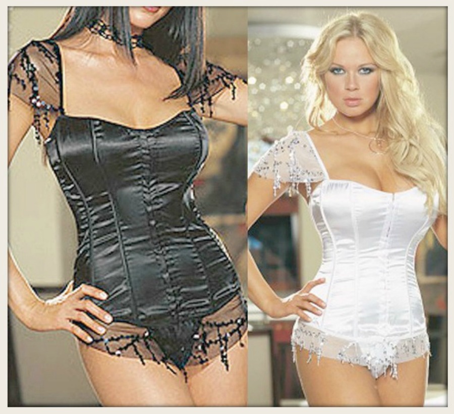 CORSET - Lace and Sequin Sleeves and Trim on Satin Lace Up Back Corset Top ONLY 1 of EACH LEFT