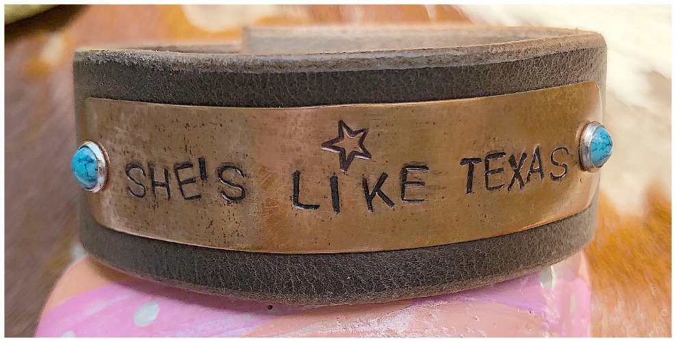 TEXAS GIRL CUFF "She's Like Texas" & Star on Copper Turquoise Studded Brown Leather Cuff LAST ONE