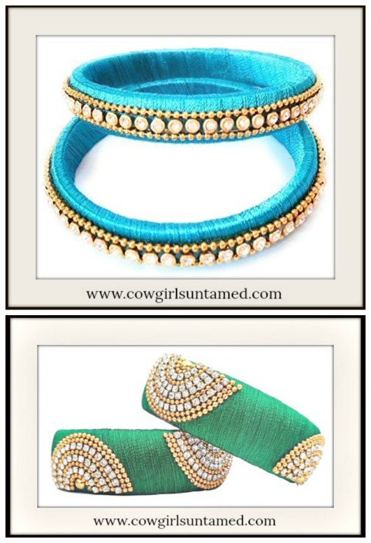 BOHEMIAN COWGIRL BANGLE Turquoise or Green Rhinestone Gold Embellished Silk Bangle  2 COLORS!