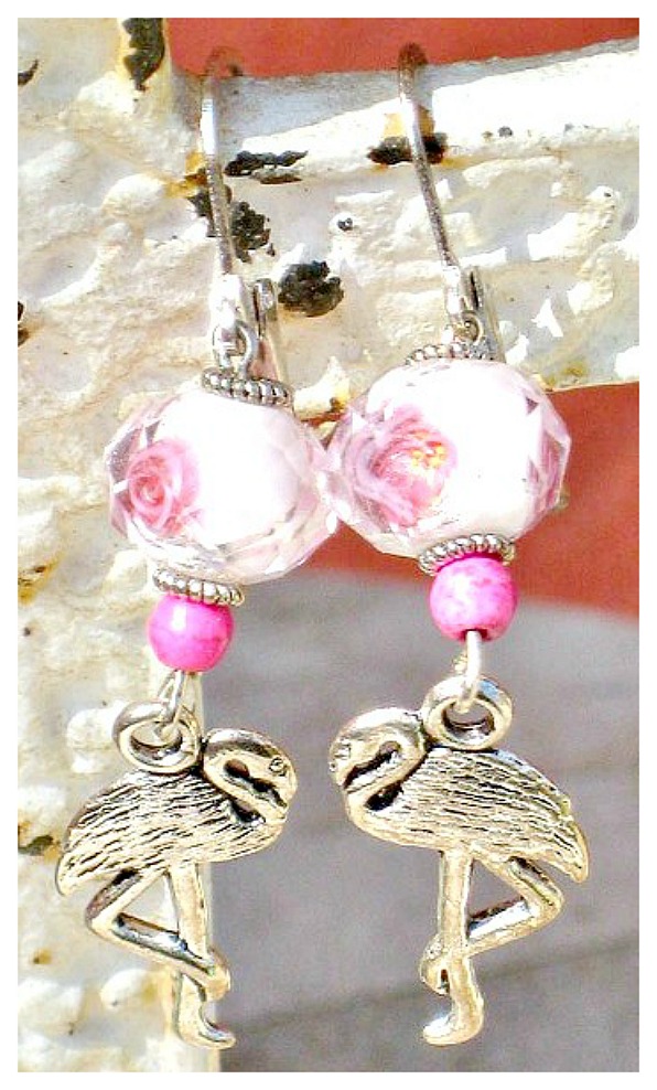 GOING FLAMINGO EARRINGS Silver Flamingo & Crystal Flower Silver Earrings