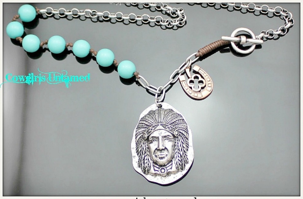 WESTERN COWGIRL NECKLACE Silver Indian Chief Pendant Horseshoe Charm Turquoise Chain Necklace