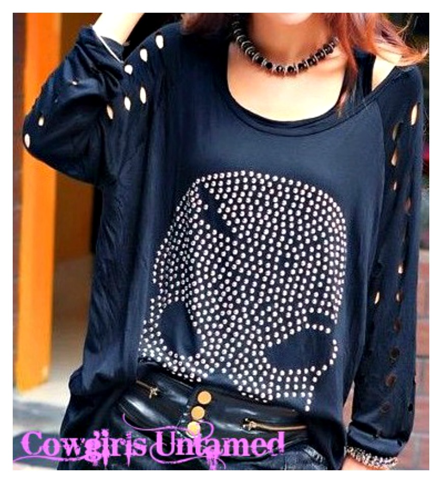 COWGIRL GYPSY TOP Black Silver Studded Skull Cutout Long Sleeve Tunic Top
