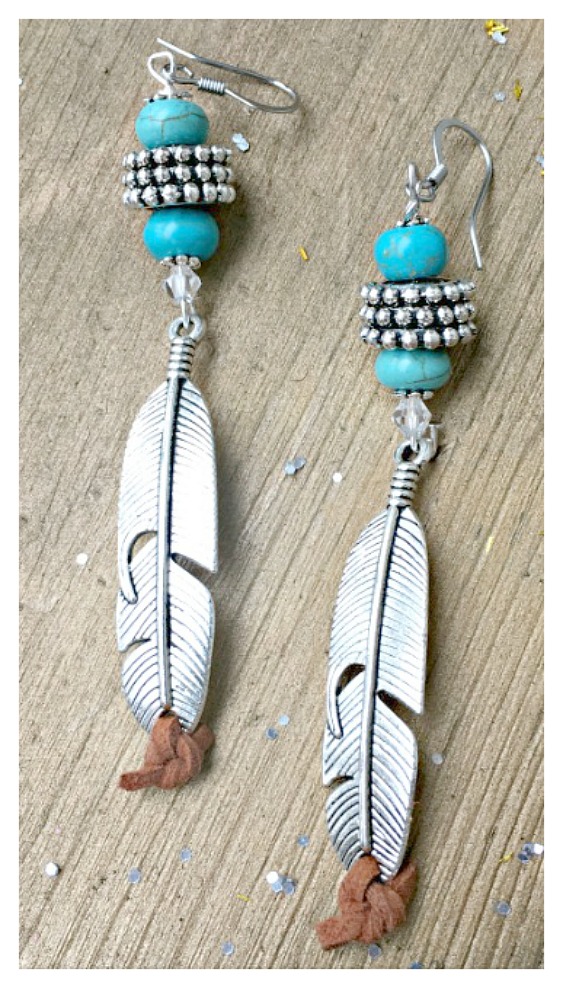 BOHEMIAN COWGIRL EARRINGS Turquoise and Antique Silver Feather with Brown Leather Long Earrings
