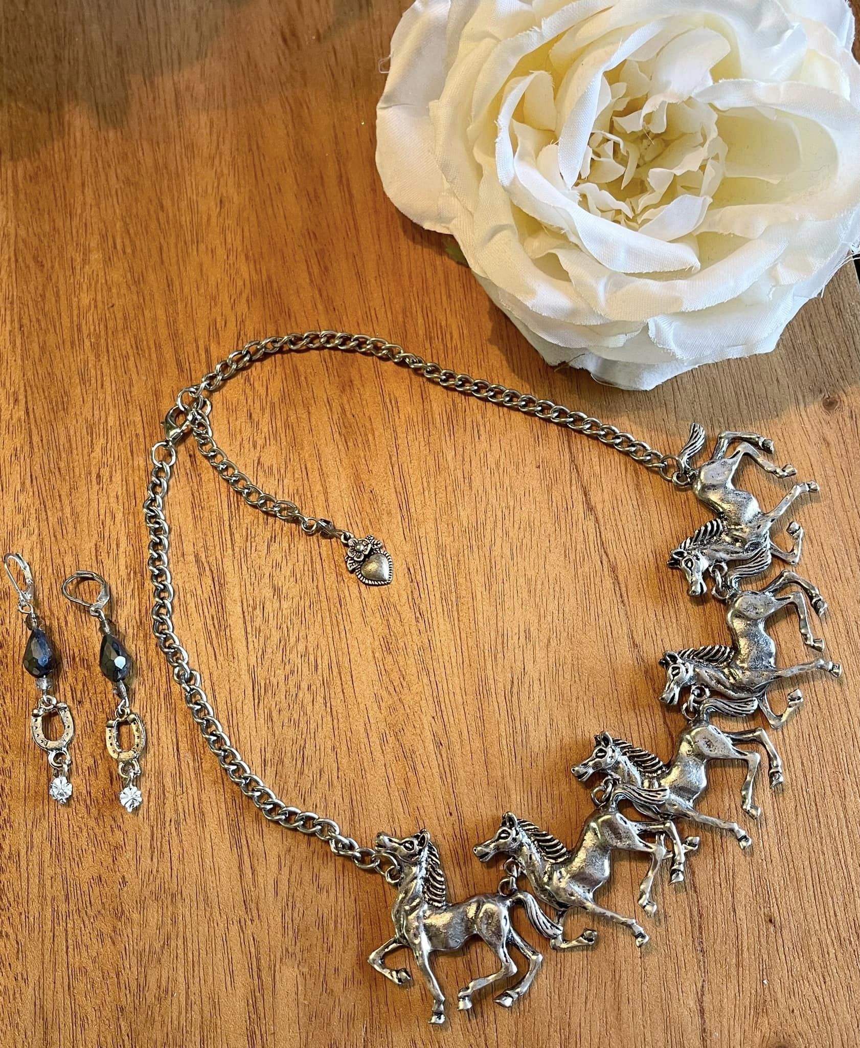 HORSE LOVIN' COWGIRL NECKLACE SET Custom Antique Silver Western Statement Necklace & Earrings SET LAST ONE