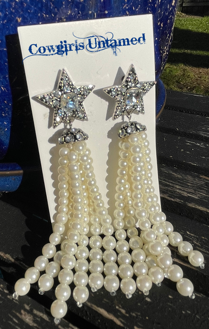 LUCKY STAR EARRINGS Pave Silver Star Long Pearl Tassel Earrings ONLY 2 LEFT