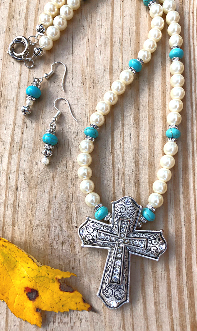 HAVE FAITH NECKLACE SET Handmade Rhinestone Antique Silver Etched Cross Pendant Pearl Rhinestone Turquoise Beaded Necklace Dangle Earrings Set