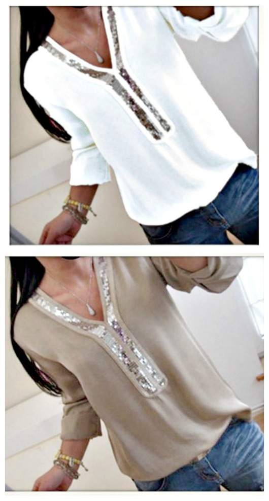 TOUCH OF GLAM TOP Silver Sequin V Neck Long Sleeve Beige Blouse  Misses & PLUS! ONLY 4 LEFT!