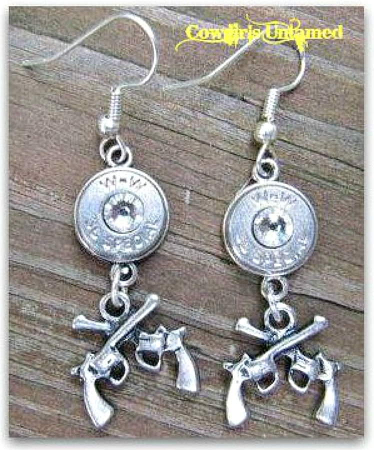 COWGIRL OUTLAW EARRINGS Six Shooter Pistol Charm and Swarovski Crystal Accents .38 Special Silver Western Bullet Earrings