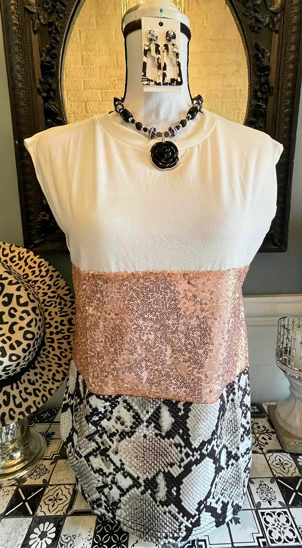 ON THE WILD SIDE TOP Pink Sequin Black Brown Snakeskin Stripe Crew Neck White Tank Top ONLY 2 LEFT!