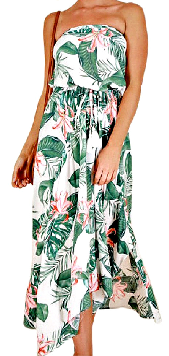 THE COSTA RICA DRESS Pink Floral & Green Palm Leaves on White Strapless Midi Dress ONLY 2 LEFT!