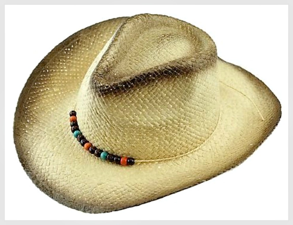 COWGIRL STYLE HAT Burnished Edge Beaded Band with Tie Tan Straw Western Hat