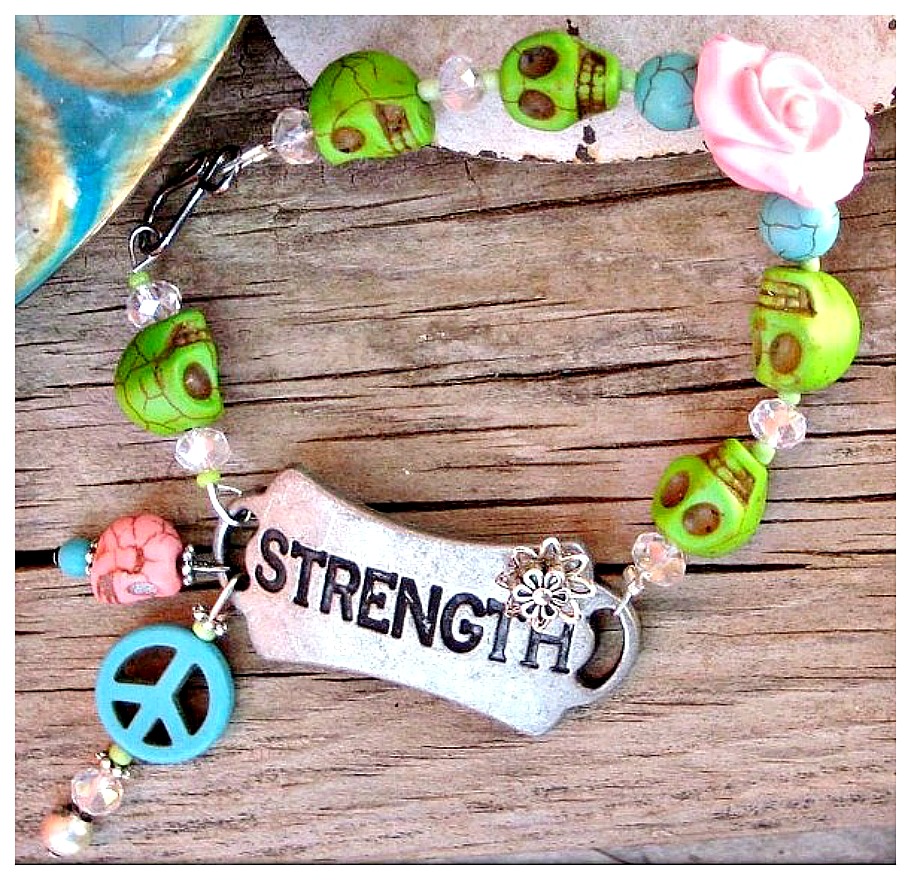 COWGIRL STRONG BRACELET "Strength" Antique Silver Turquoise Charms Beaded Bracelet