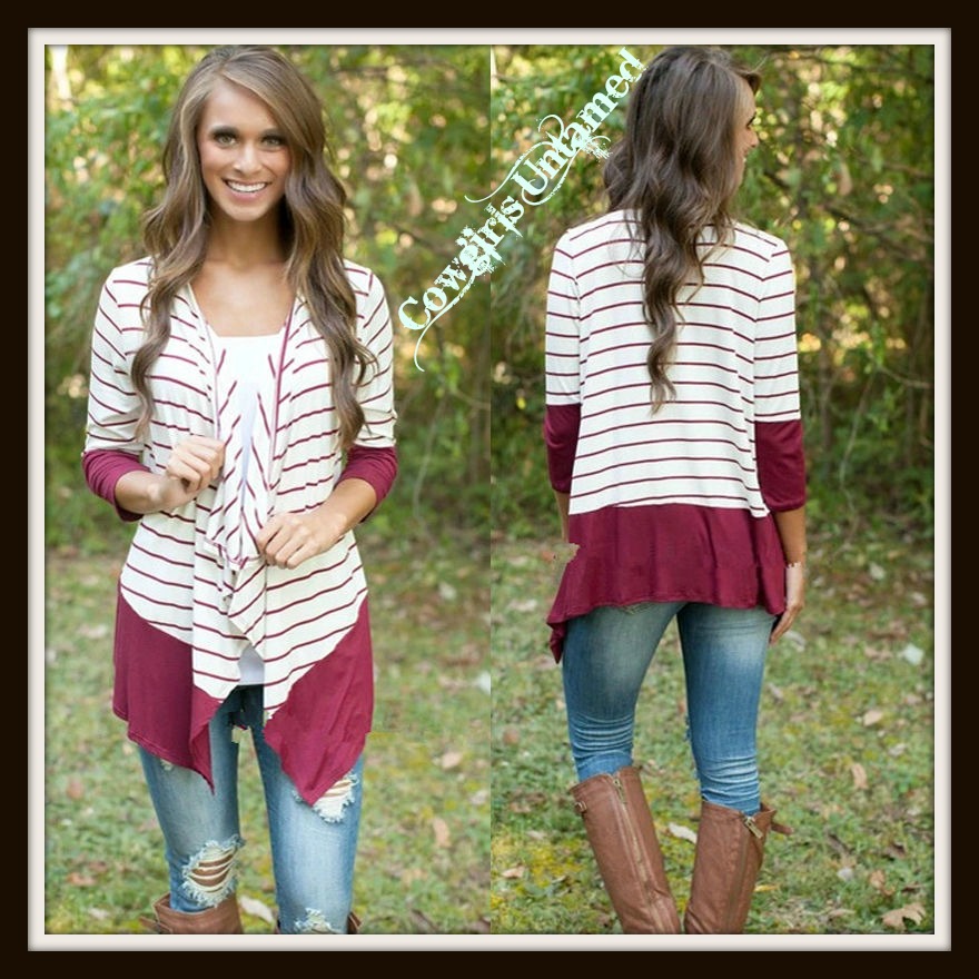 COWGIRL STYLE CARDIGAN White and Wine Striped Knit Long Sleeve Hi Low ...