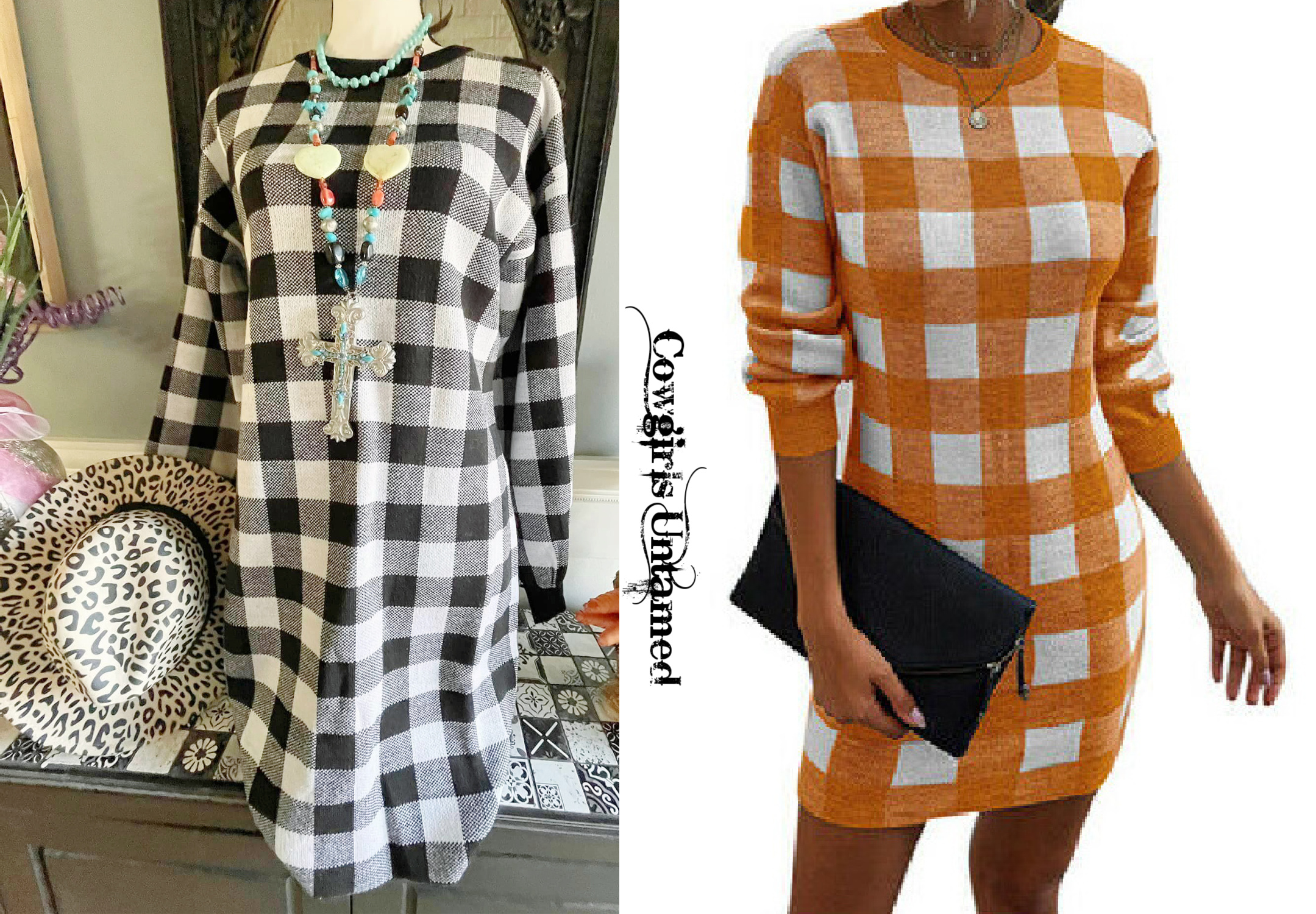 JUST CHECK DRESS Plaid Checked Womens Long Sleeve Crew Neck Sweater Dress 2 COLORS S-XL
