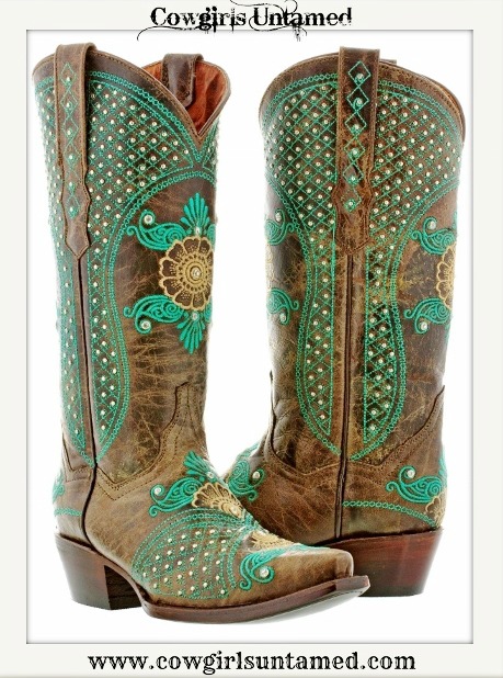 WILDFLOWER BOOTS Silver & Rhinestone Studded Turquoise Embroidery Brown Leather Cowgirl Boot SIZES 5-11
