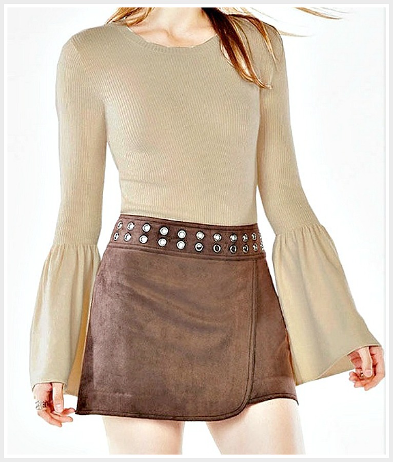 BOHEMIAN COWGIRL SWEATER Tan Ribbed long Bell Sleeve Fitted Womens Sweater