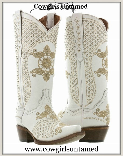 WILDFLOWER BOOTS Silver & Rhinestone Studded Tan Embroidery on White GENUINE LEATHER Cowgirl Boots SIZES 5-11