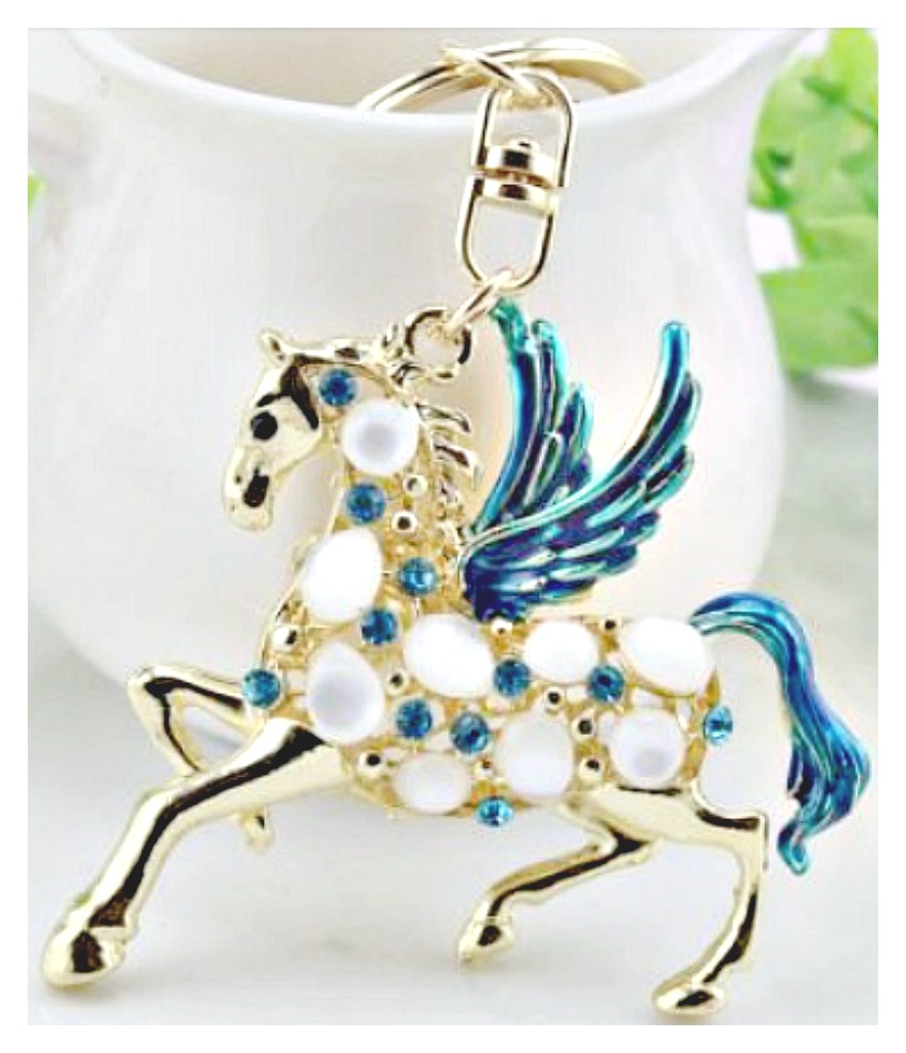 HORSE LOVIN' COWGIRL KEYCHAIN Teal Crystal Golden Pegasus Horse Key Ring