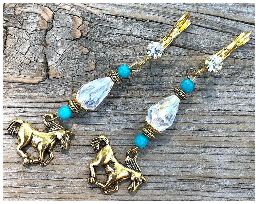HORSE LOVIN' COWGIRL EARRINGS Antique Gold Horse with Crystal & Turquoise on Rhinestone Western Earrings