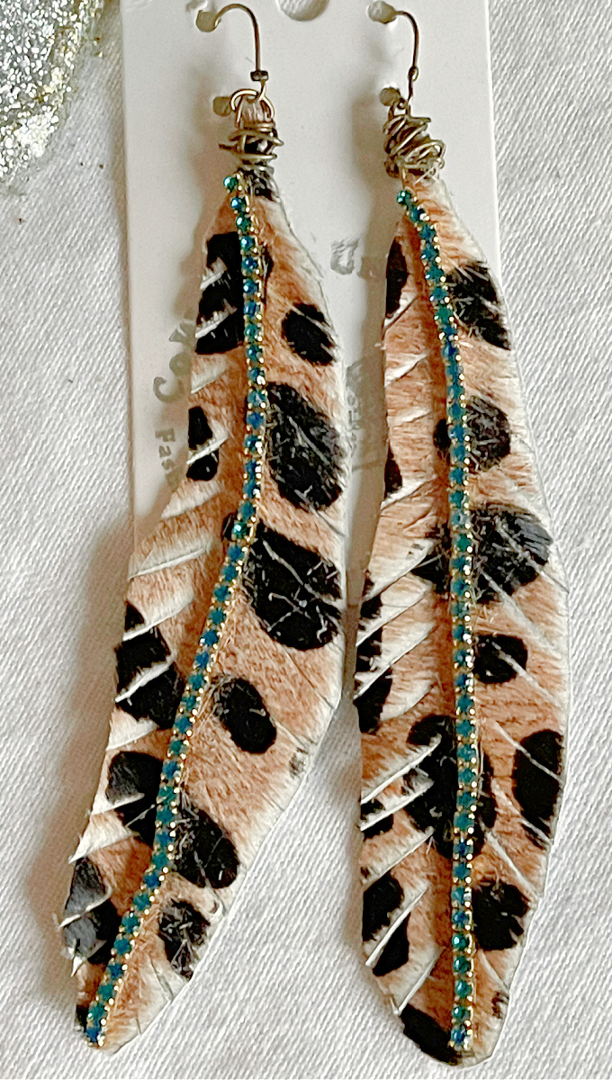 ON THE PROWL EARRINGS Handmade Teal Rhinestone Leopard GENUINE LEATHER Feather Bronze Long Earrings LAST PAIR!