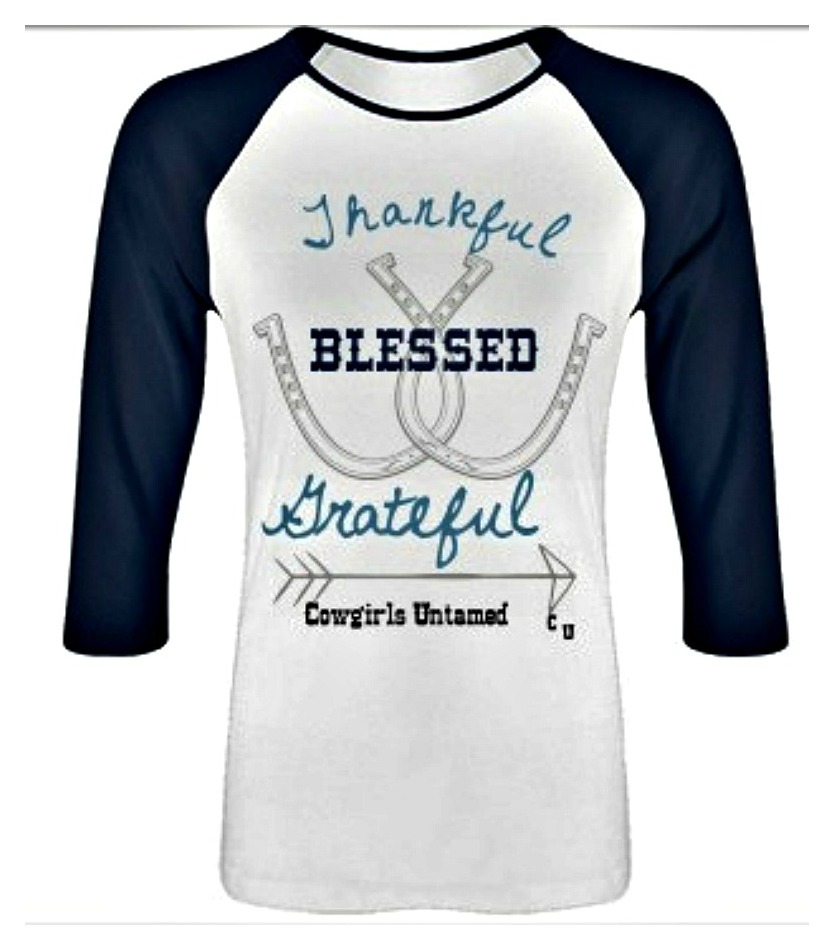 COWGIRL STYLE TOP "Thankful Grateful Blessed" Blue N White 3/4 Sleeve Top