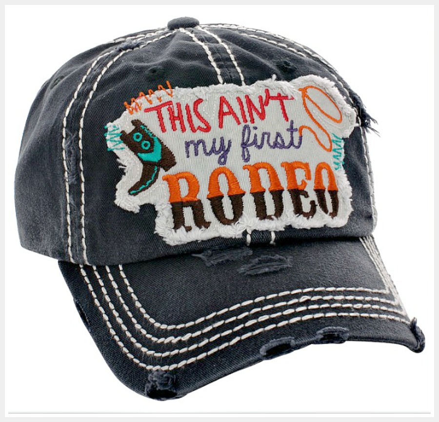 COWGIRL STYLE CAP Embroidered "THIS AIN'T MY FIRST RODEO" Lasso Boot Black Cap