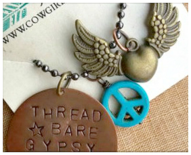 WILDFLOWER NECKLACE Copper "Thread Bare Gypsy Soul" Bronze Winged Heart & Turquoise Peace Charm Boho Necklace
