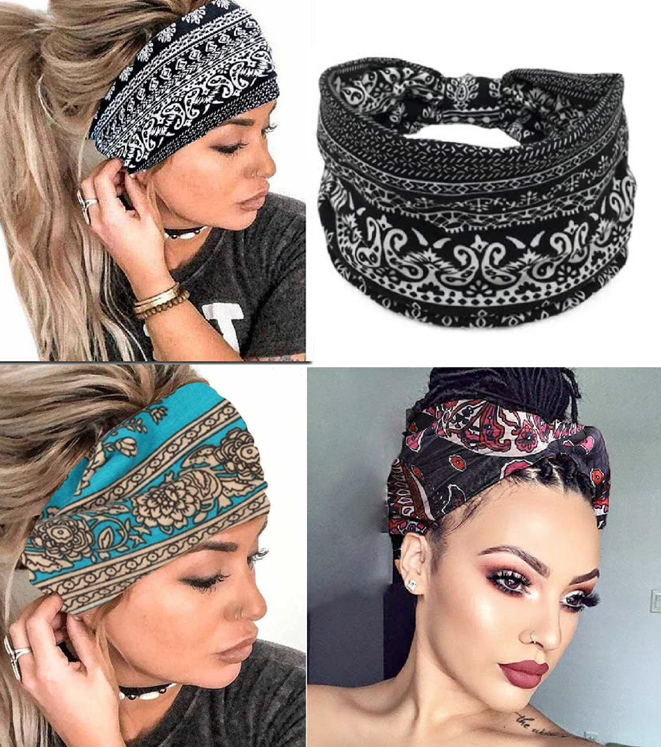BOHO TURBAN HEADBANDS - Wide Turban Style Stretchy Womens Headbands - Navy or Turquoise or Black