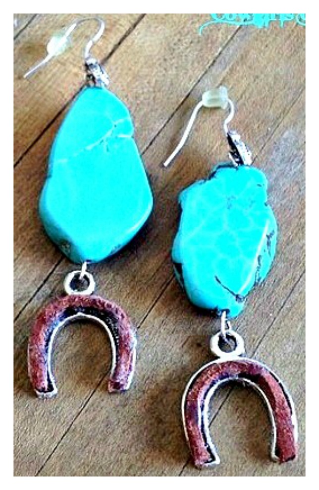 WESTERN COWGIRL EARRINGS Turquoise And Brown Leather Silver Horseshoe WESTERN COWGIRL EARRINGS Turquoise And Brown Leather Silver Horseshoe