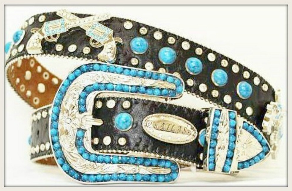 COWGIRL BELT Turquoise N Rhinestone Studded Pistol Concho Leather Western Belt