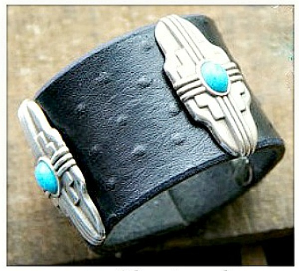 WESTERN COWGIRL CUFF Silver & Turquoise Southwest Conchos on Black Leather Bracelet