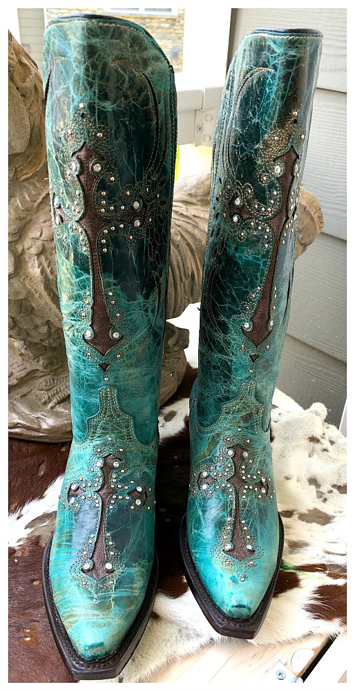 WESTERN COWGIRL BOOTS Turquoise & Brown Zip Back Rhinestone Studded Cross Inlay Distressed GENUINE LEATHER Boots Sizes 5-11