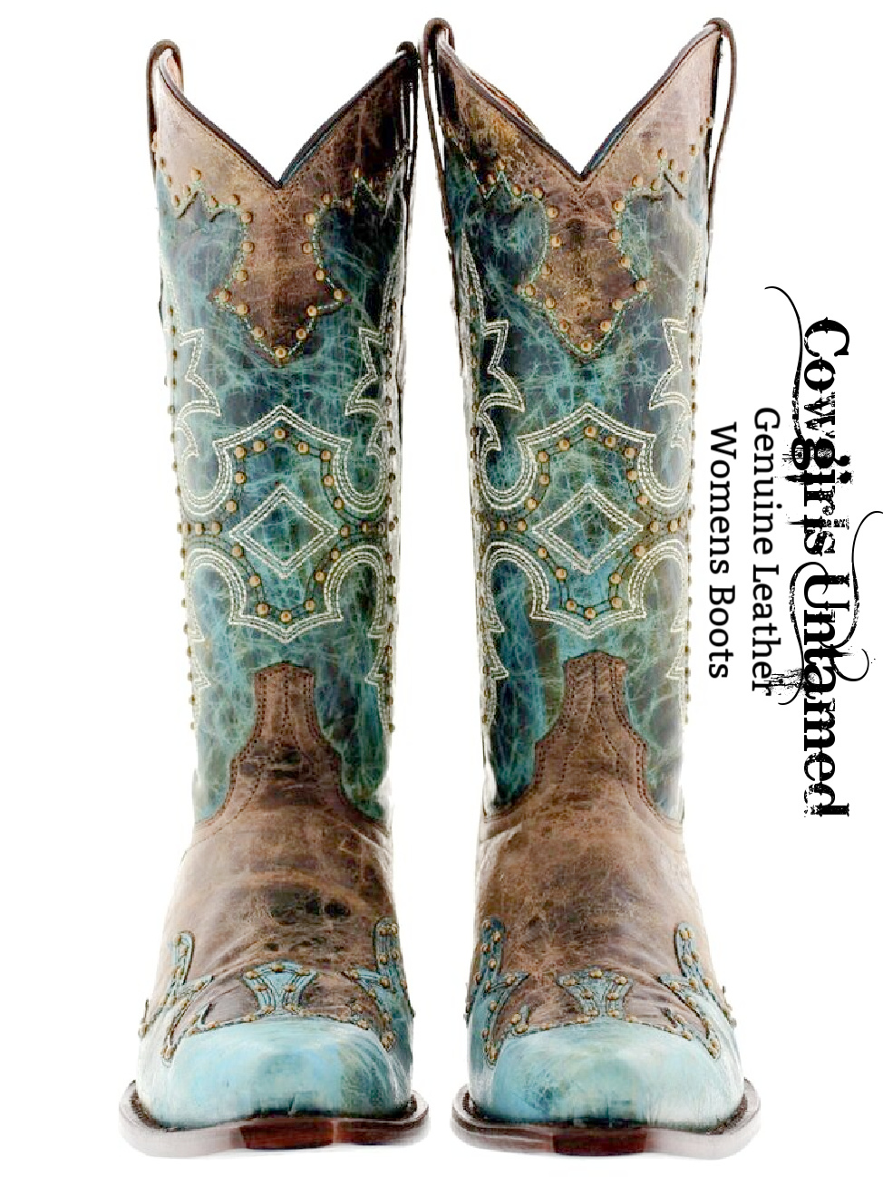 COWGIRL STYLE BOOTS Bronze Studded & Embroidered Brown Turquoise Genuine Leather Western Boots SIZES 5-11