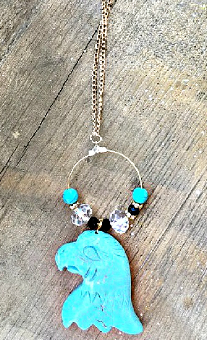 AMERICAN EAGLE NECKLACE Turquoise Eagle Pendant Rhinestone Crystal Gold Hoop Necklace