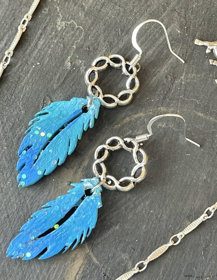 PUT A FEATHER IN IN IT EARRINGS Handmade Handpainted Turquoise Blue Ombre Feather Silver Earrings