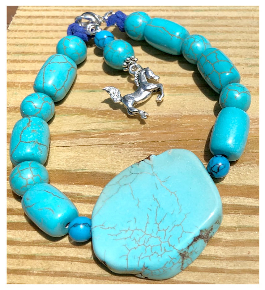 ALL ABOUT HORSES BRACELET Silver Horse Charm Blue Leather Knot Turquoise Beaded Western Bracelet