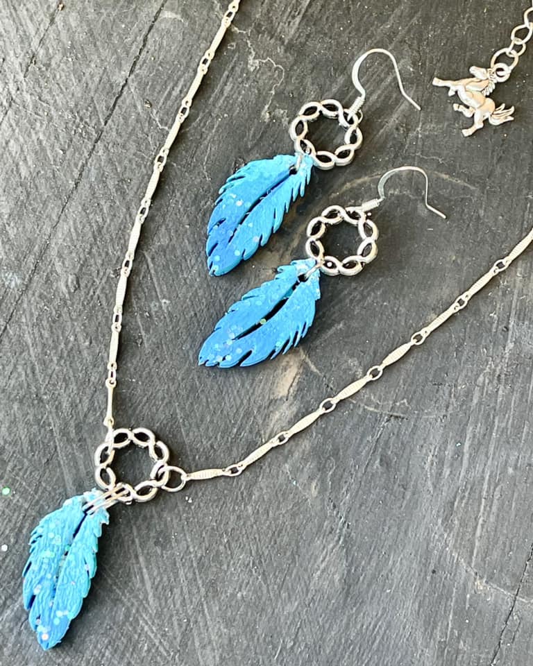 PUT A FEATHER IN IN IT NECKLACE Handmade Handpainted Turquoise Blue Ombre Feather Pendant on Silver Chain Short Necklace