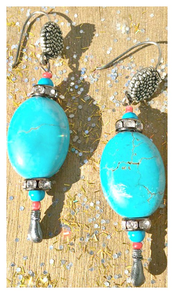 WESTERN COWGIRL EARRINGS Blue Turquoise Antique Silver & Rhinestone Earrings