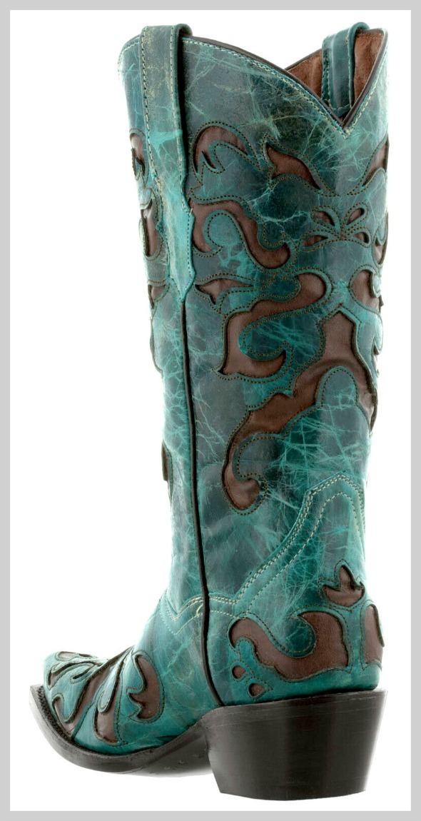 Turquoise Teal & Brown Inlay Embroidery Genuine Leather Cowgirl Boots