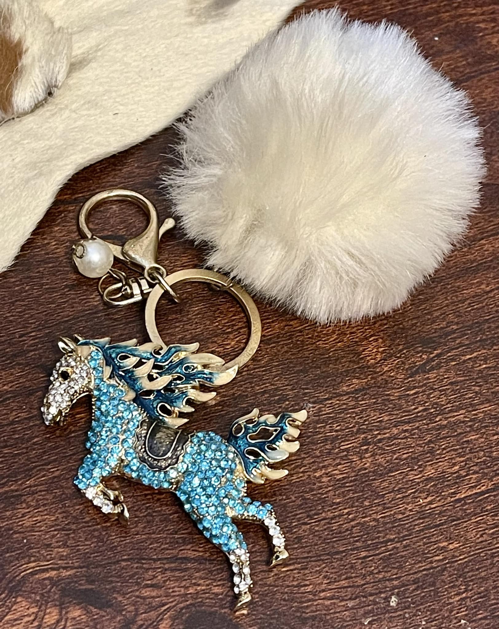 COWGIRL KEY CHAIN Handmade Pearl White Pom Gold Horse Teal Crystal Turquoise Horse Charm Purse Accessory / Key Chain