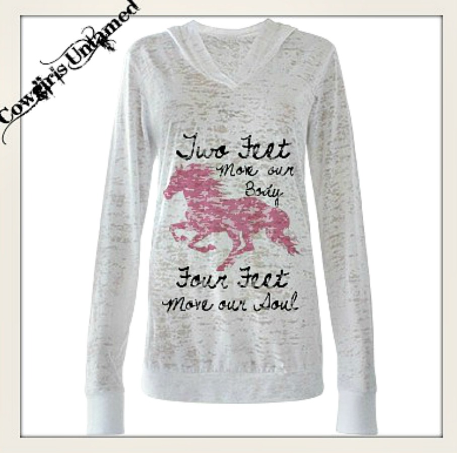 HORSE LOVIN' COWGIRL TOP Pink "Two Feet Move Our Body Four Feet Move Our Soul" Long Sleeve Burnout Western Hoodie LAST ONE L