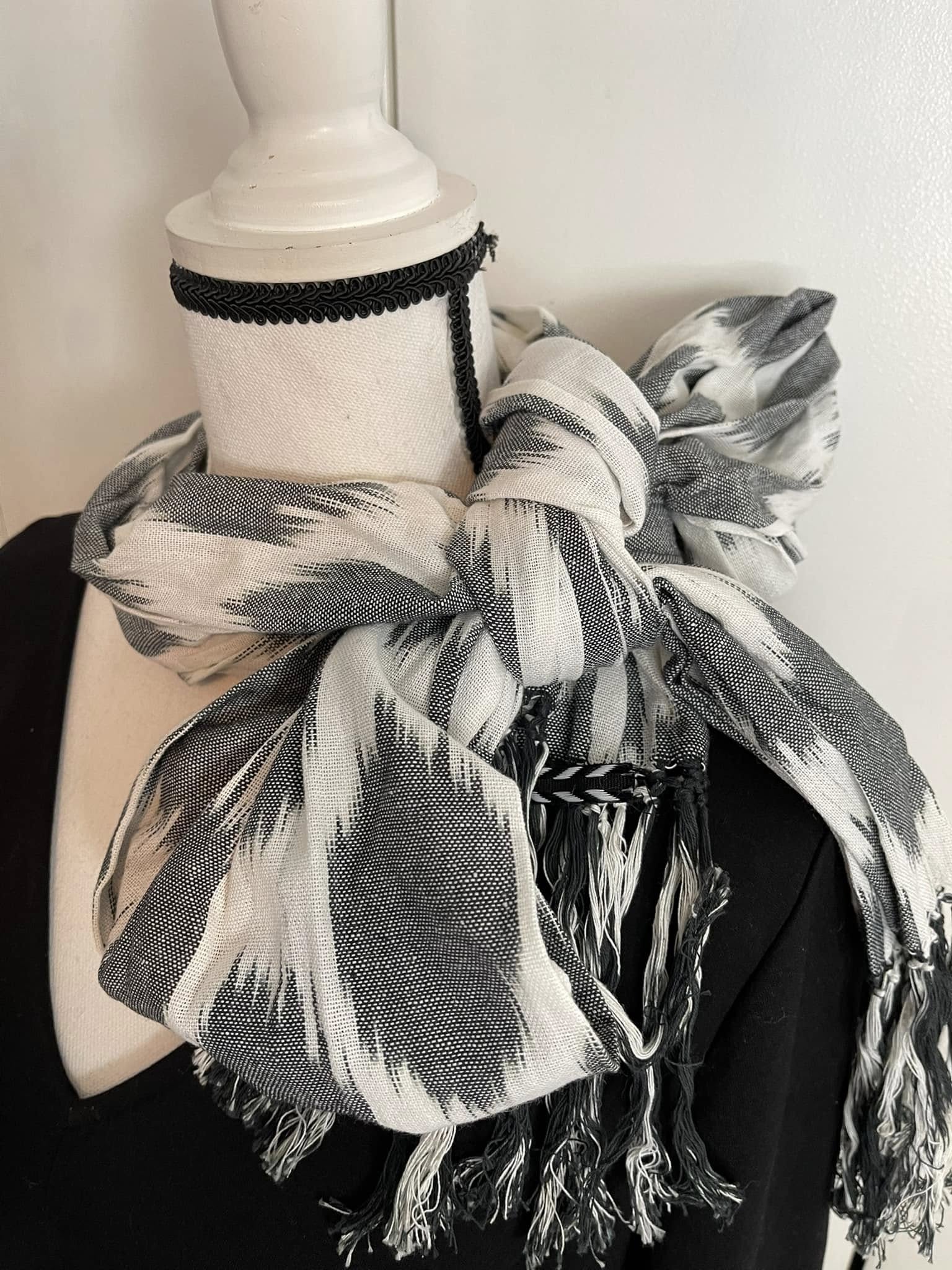 BOHO SCARF Handmade Grey Black White Ikat Cotton Boho Fringe SCARF