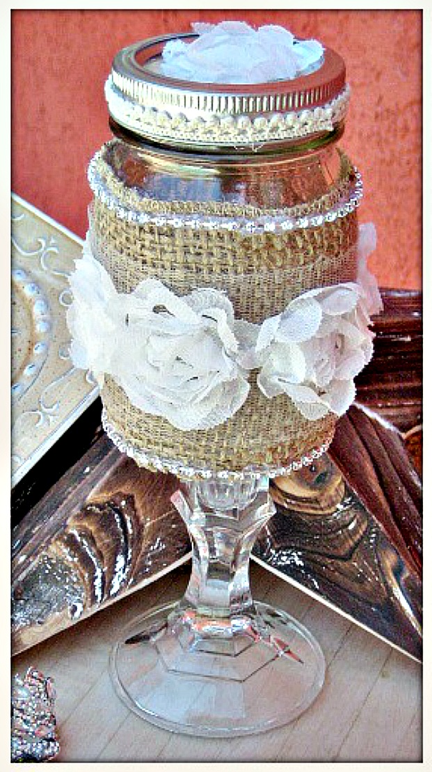 FARMHOUSE CHIC DECOR White Lace Ruffle Rosette & Rhinestone Trim Burlap Vintage Style Glass /Candle Holder