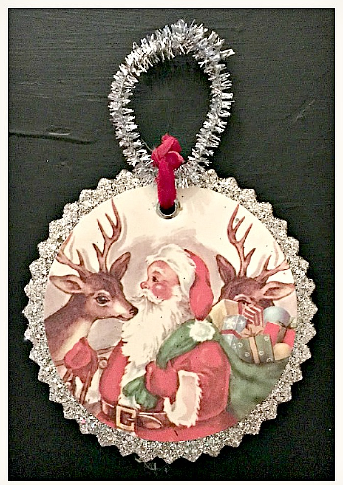 COWGIRL CHRISTMAS DECOR Victorian Santa & Deer Silver Vintage Style Ornament