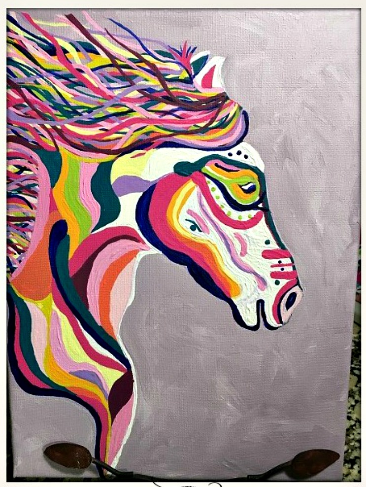 COWGIRL HOME DECOR PAINTING Multi Color Hand Painted Horse Lavender Western Wall Art 9 x 12