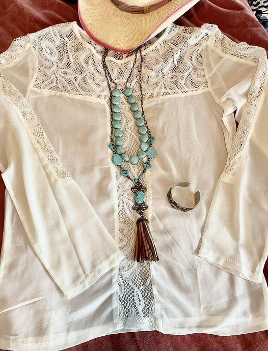THE ANNA BLOUSE White Floral Lace on Chiffon Long Sleeve Womens Top S-2X
