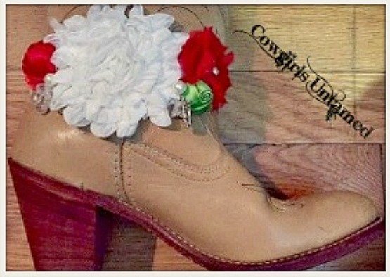 WILDFLOWER BOOT GARTER  Red White Green Silk Flowers with Pearl Rhinestone Crystal and Antique Silver Horse White Lace Boot Cuff