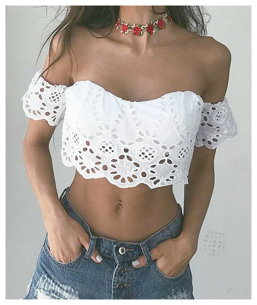 THE JULIETTA TOP Off The Shoulder Short Sleeve White Eyelet Lace Crop Festival Top S/M or L/XL